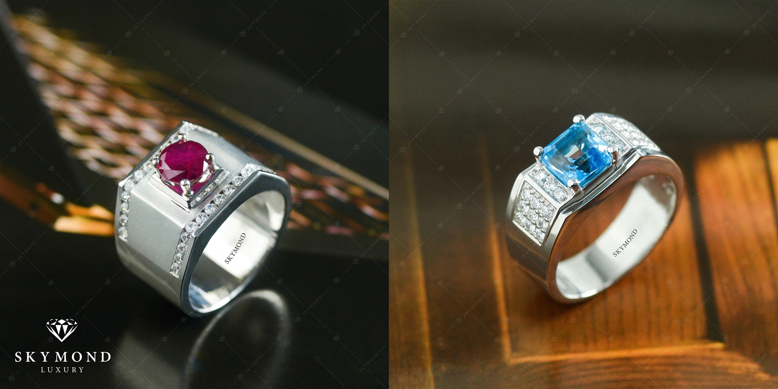 Nhẫn nam Platin gắn đá Topaz xanh dương