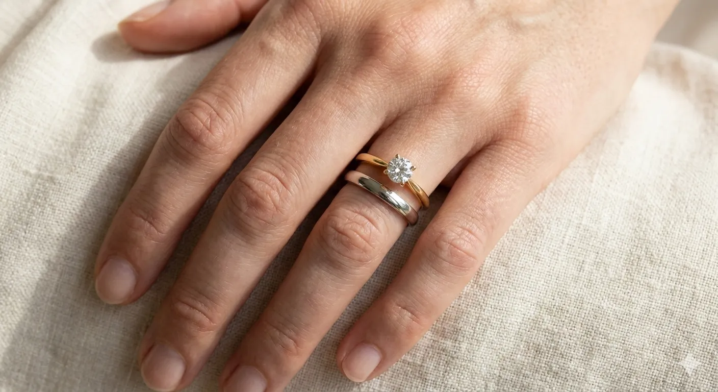 đeo nhẫn cưới bạch kim và nhẫn cầu hôn vàng